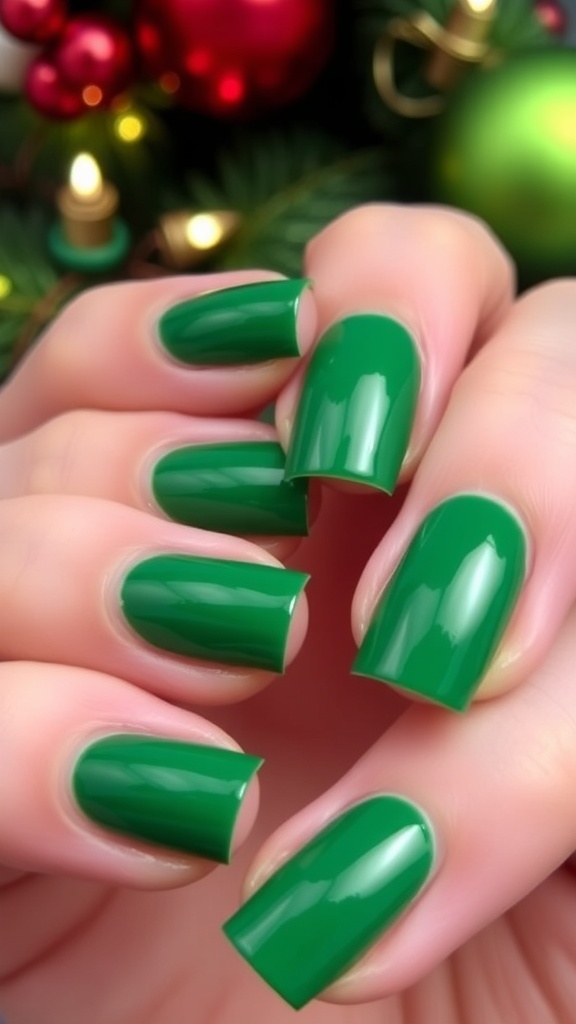 Close-up of solid green Christmas nails against a festive backdrop.